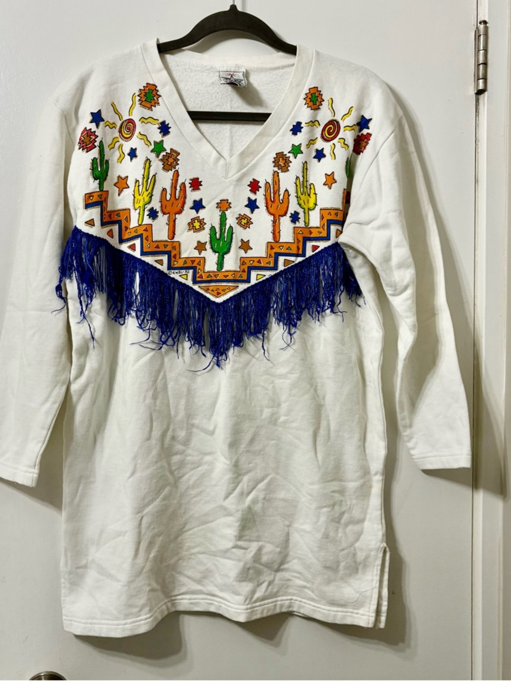 Women’s Vintage White Southwestern Blue Fringe Top with Colorful Cactus Design